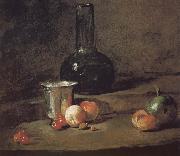 Jean Baptiste Simeon Chardin, Wine glass bottles fitted five silver Cherry wine a two peach apricot, and a green apple